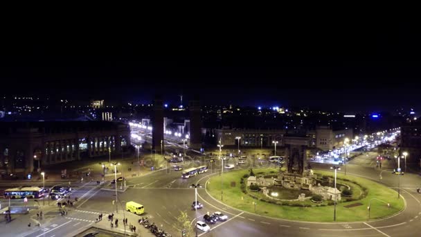 Gece Görünümü Trafik Placa Espana Barcelona Spanya — Stok video