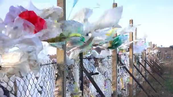 Wind Blow Plastic Bags Metal Fence Environment Pollution — Stock Video