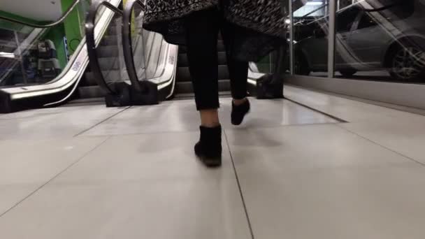 Nivel Superficie Mujer Caminando Largo Del Centro Comercial Utilizando Escaleras — Vídeo de stock