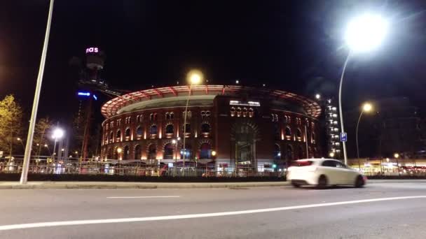Eski Arena Anıtsal Bilinen Barcelona Bina Gece Görünümü — Stok video