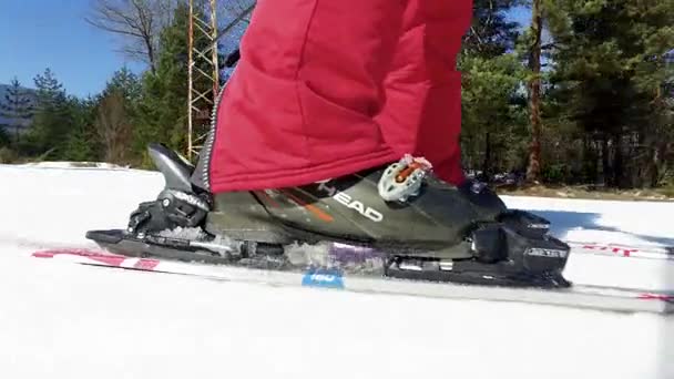 Vista Lateral Baja Las Botas Esquiador Deslizándose Por Pendiente — Vídeo de stock