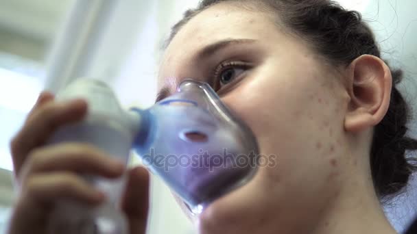 Girl Asthma Problems Making Inhalation Mask Her Face — Stock Video