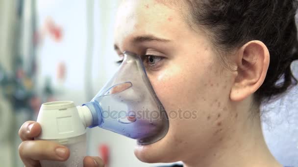 Girl Asthma Problems Making Inhalation Mask Her Face — Stock Video