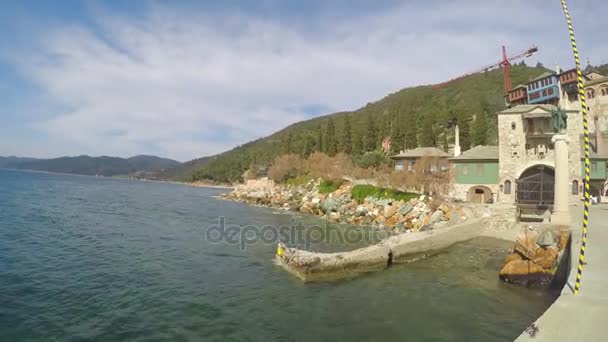Uitzicht Zee Kasteel Onder Mount Athos — Stockvideo