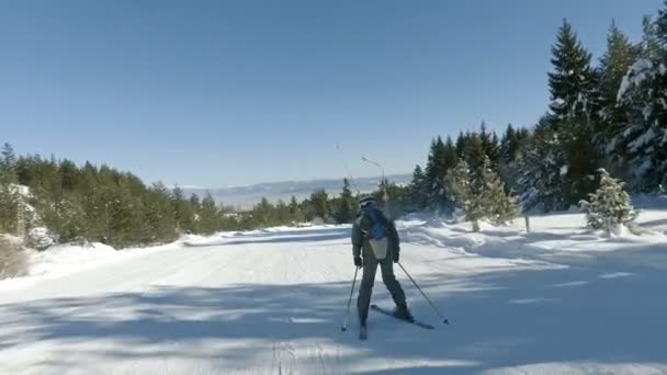 Estabilizado Tiro Esquiador Gowing Lento Por Pista Esquí — Vídeo de stock