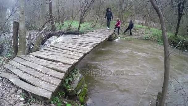 Tres Excursionistas Caminando Río Sobre Viejo Puente Madera — Vídeos de Stock