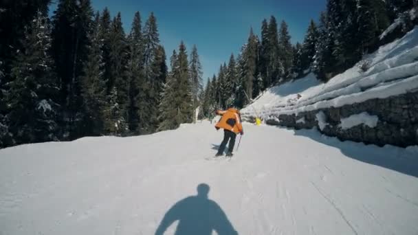 Siguiendo Esquiador Feliz Divirtiéndose Pendiente Con Las Manos Abiertas — Vídeo de stock