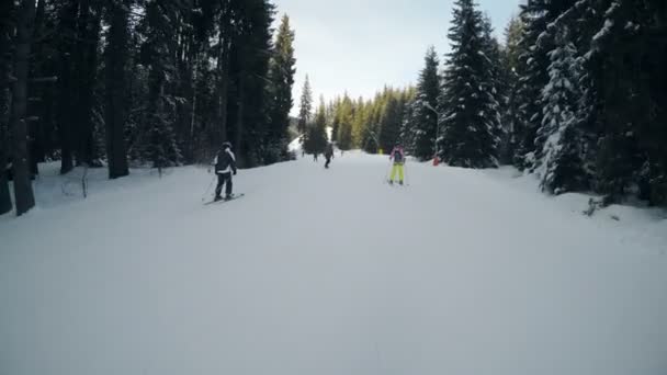 Pov Människor Skidåkning Sluttningen Skidorten Bansko — Stockvideo