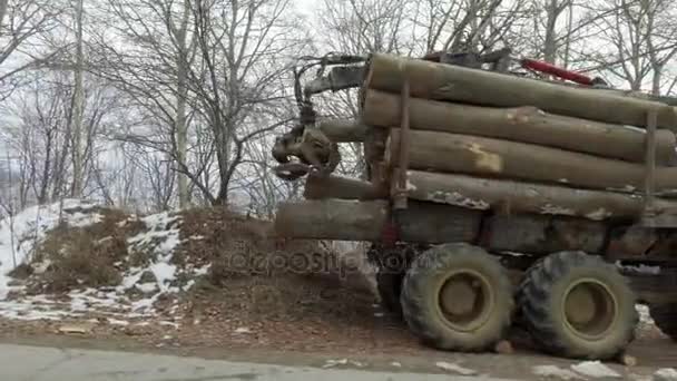 Traktor Hutan Dengan Batang Pohon Yang Ditumpuk Belakang — Stok Video