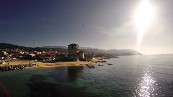Vista Traghetto Sul Tramonto Alla Torre Phospfori Ouranopolis Penisola Athos — Video Stock