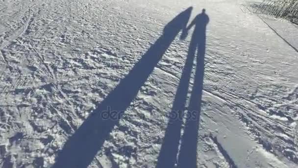 Shadows Romantic Couple Walking Snow Holding Hands — Stock Video