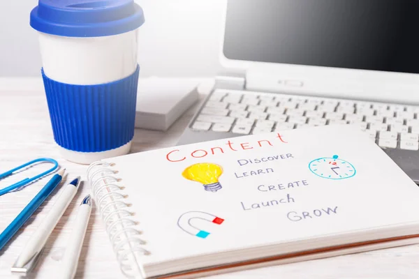 Coffee cup on working desk, Social Media concept