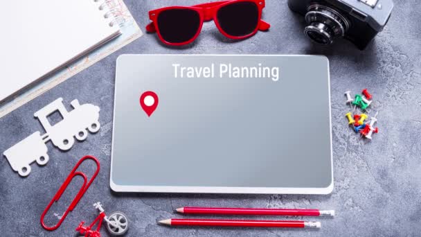 Travel Planning Concept Digital Tablet Desk — Stock Video