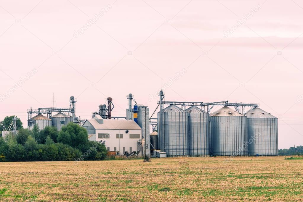 Group of grain dryers complex on beautiful sunset sky