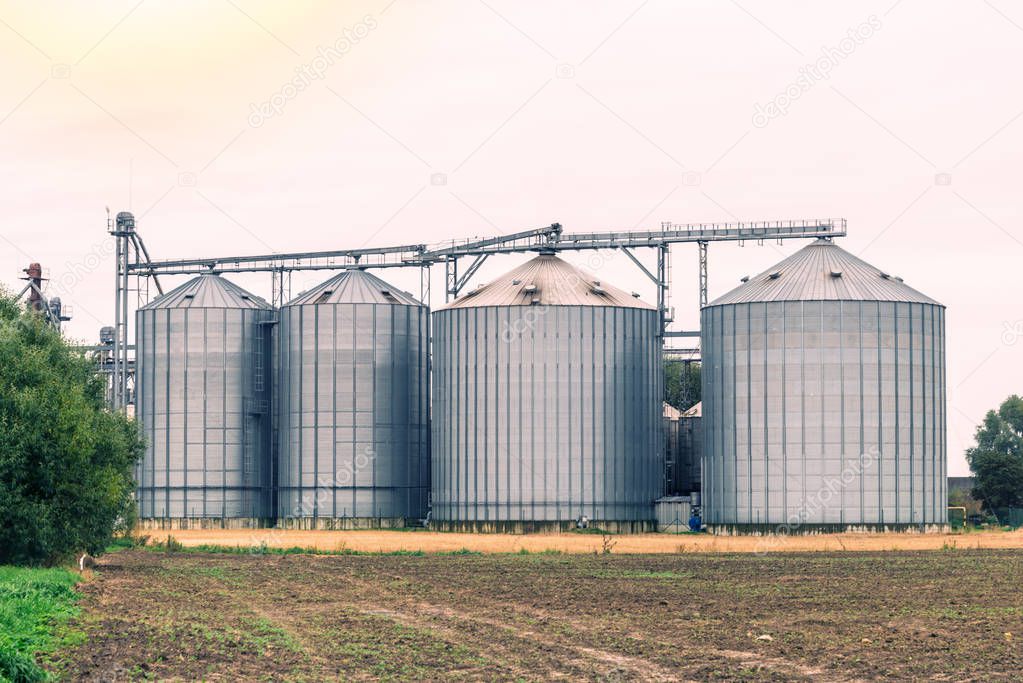 Group of grain dryers complex on beautiful sunset sky