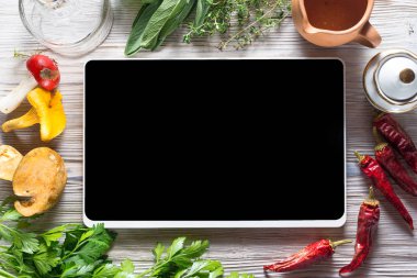 Dijital tablet, temiz yemek, vegan gıda concep