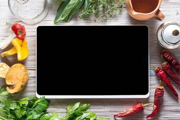 Digital tablet, clean eating, vegan food concep
