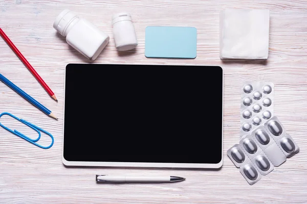 Top view desk of medicine doctor