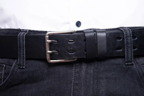 Black man jeans with leather belt and metal buckle — Stock Photo, Image