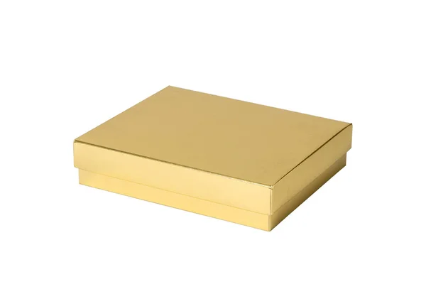 Золотая коробка подарочная коробка с крышкой, изолированные — стоковое фото