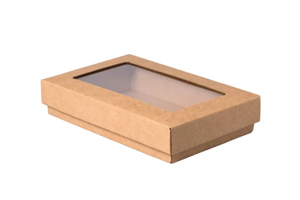 Brązowe pudełko kartonowe z przezroczystą osłoną, izolowane — Zdjęcie stockowe