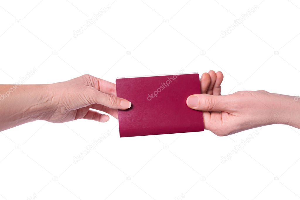 male hand passes a passport to a woman