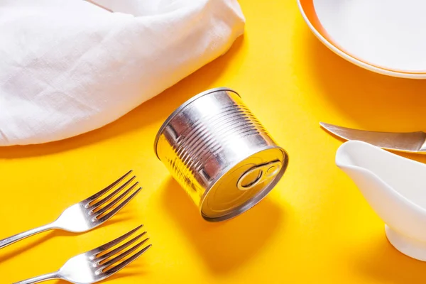 Tin Canned meal on kitchen table, top view — Stock Fotó