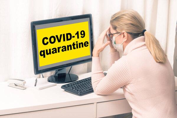 San business woman working from home wearing protective mask. Bu