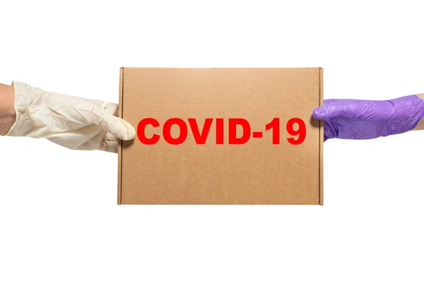 Gloved Hands Transmit Package Coronavirus Safe Courier — Stock Photo, Image