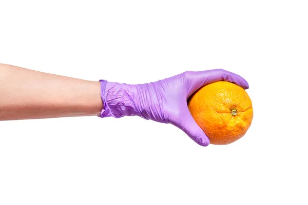 Hand Latex Handschoenen Met Oranje Fruit — Stockfoto