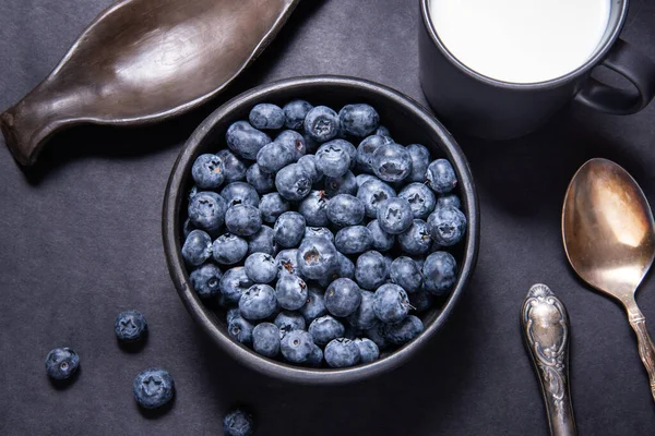 Fresh Blueberries Black Ceramic Bowl Cup Milk — Stock Photo, Image
