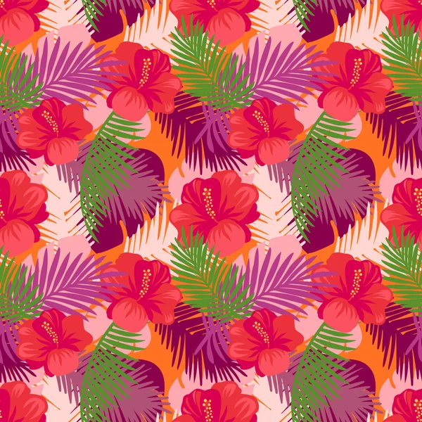 Patrón de hojas tropicales con flores . — Vector de stock