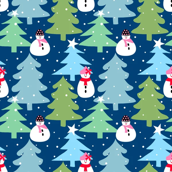 Winter seamless pattern with tree and snowman. — Stock Vector