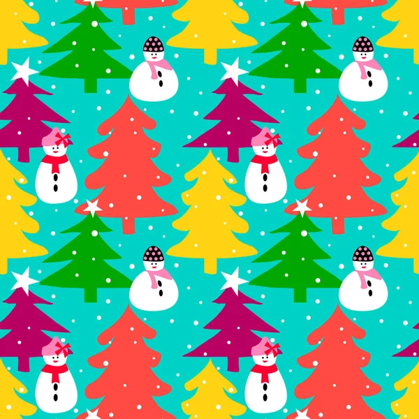 冬季无缝模式树与雪人. — 图库矢量图片