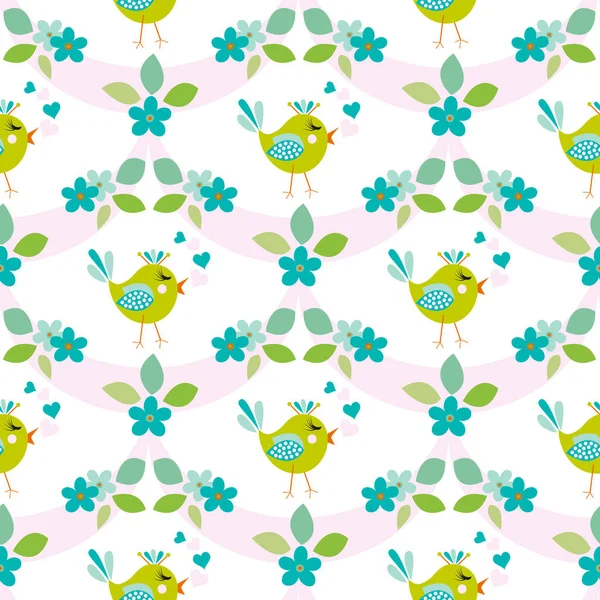 새와 꽃 원활한 패턴 — 스톡 벡터
