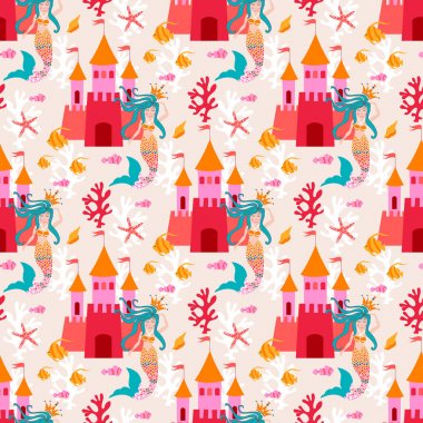 Küçük Prenses deniz kızı ile kale ile Seamless Modeli.