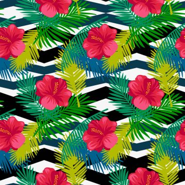 Geometrik bir arka plan üzerinde seamless modeli tropikal palmiye yaprakları