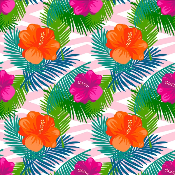 Nahtloses Muster tropischer Palmenblätter auf geometrischem Hintergrund — Stockvektor