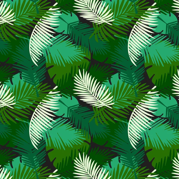 Seamless pattern tropical palm leaves on a black background. — Stock Vector