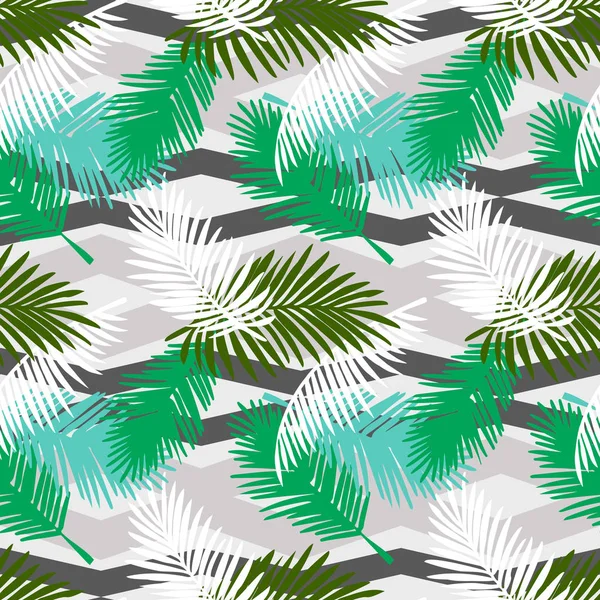 Motif sans couture feuilles de palmier tropical sur un fond géométrique — Image vectorielle