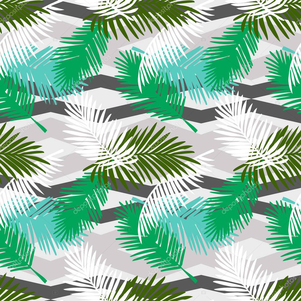 Seamless pattern tropical palm leaves on a geometric background