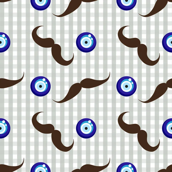 Seamless mustache pattern with evil eye bead — Stock Vector