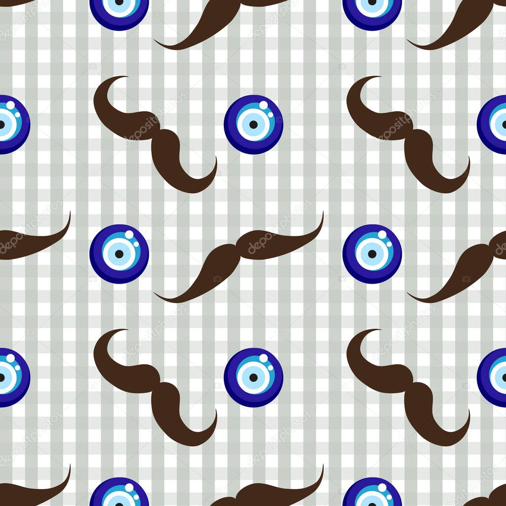 Seamless mustache pattern with evil eye bead 