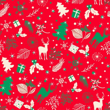 Ağaç, yaprak ve kırmızı bir arka plan üzerinde geyik ile Seamless Modeli. 