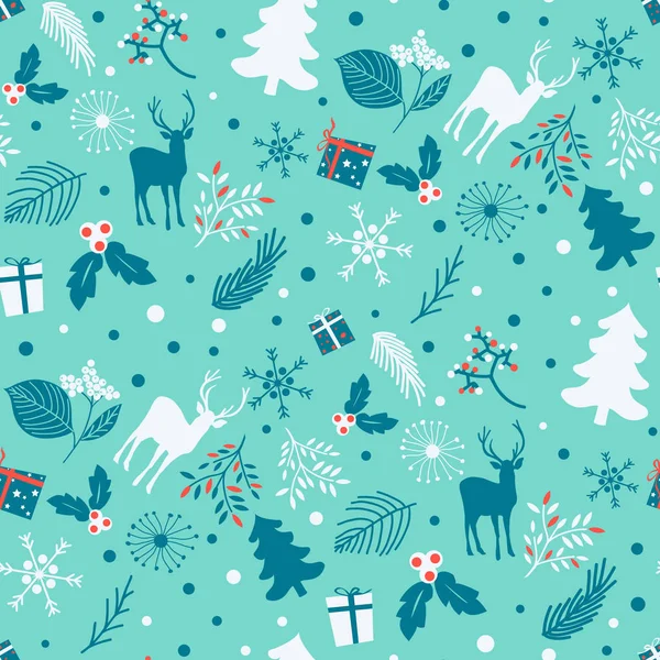 Seamless pattern with tree, leaves and  deer on a blue background. — Stock Vector