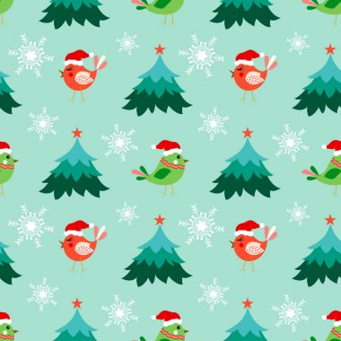 Noel seamless modeli şirin kuşları, ağaç ve kar