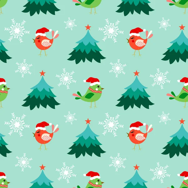 Christmas Seamless Pattern Cute Birds Tree Snow — Stock Vector