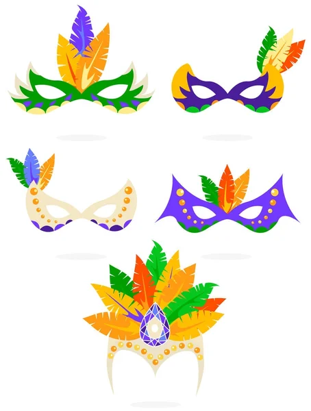 Vektor Barevné Karnevalové Masky Sada Ikon Izolované Bílém — Stockový vektor