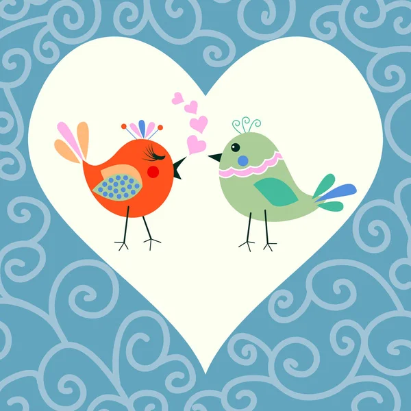 Two Happy Cute Bird Love Heart Happy Valentine Day Car — Stock Vector