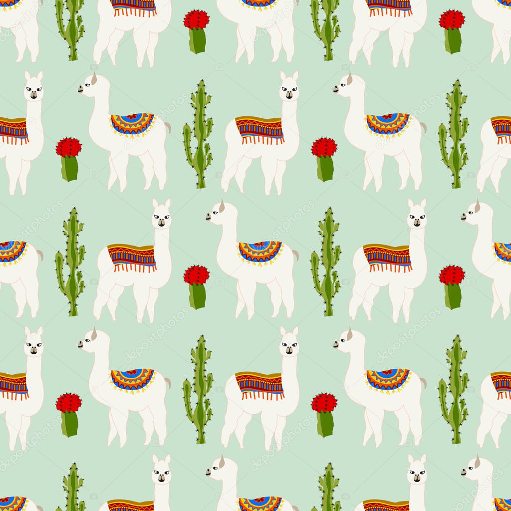 Seamless pattern with cute llama, castus and flower. Vector abstract background for kid. Hand drawn lama design with sweet cacti.